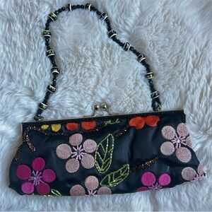 Vintage Y2K Beaded Embroidered Floral Black Clutch Purse Bag Whimsical Glam